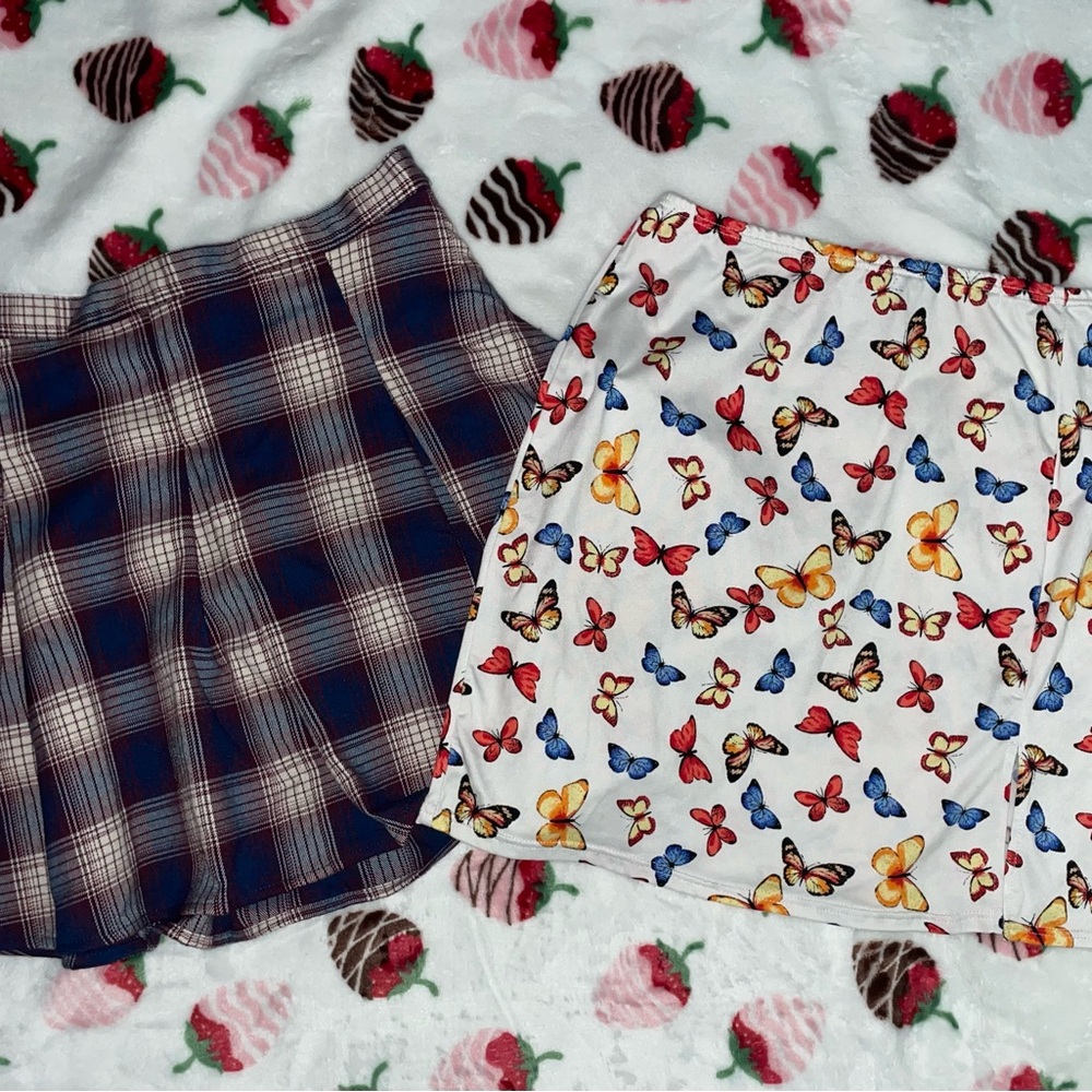 Plaid and Butterfly Print Skirt Set